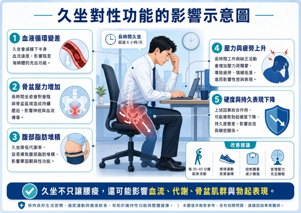 久坐對性功能影響示意圖